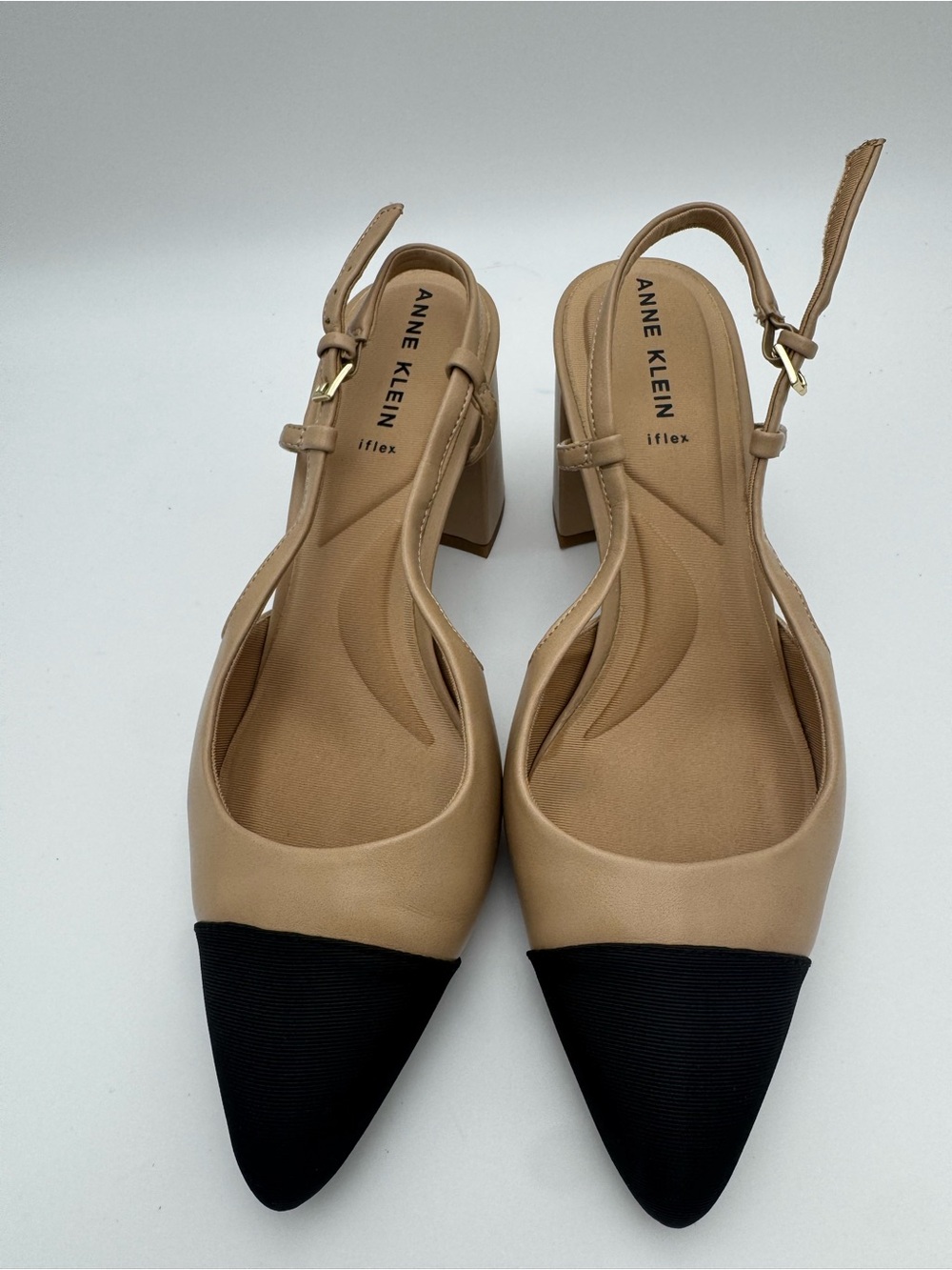 Anne Klein Beige and Black Pointed Slingback Pumps